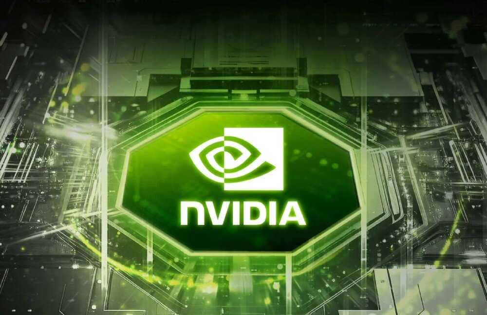 Komputer MSI MPG Infinite X3 AI 2NVR7-036EU Zielone logo NVIDIA umieszczone centralnie na tle przypominającym płytę główną, z delikatnymi efektami świetlnymi i smugami światła, karta graficzna, architektura, technologia