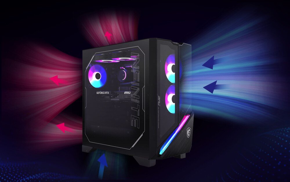 Komputer MSI MPG Infinite X3 AI 2NVR7-036EU Przepływ powietrza pokazany na ilustracji komputera z bocznym panelem z hartowanego szkła. Strzałki w kolorze niebieskim i czerwonym wizualizują wlot i wylot powietrza przez wentylatory RGB, system chłodzenia, wentylacja, temperatura, radiatory