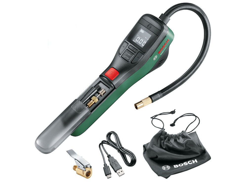 Pompka rowerowa BOSCH EasyPump 2 0603947001 zestaw na białym tle w zestawie pompka adapter do szybkiego pompowania igła adapter do zaworu Presta kabel USB-A/USB-C pokrowiec metalowy adapter rowerowy z szybkim złączem dokumentacja