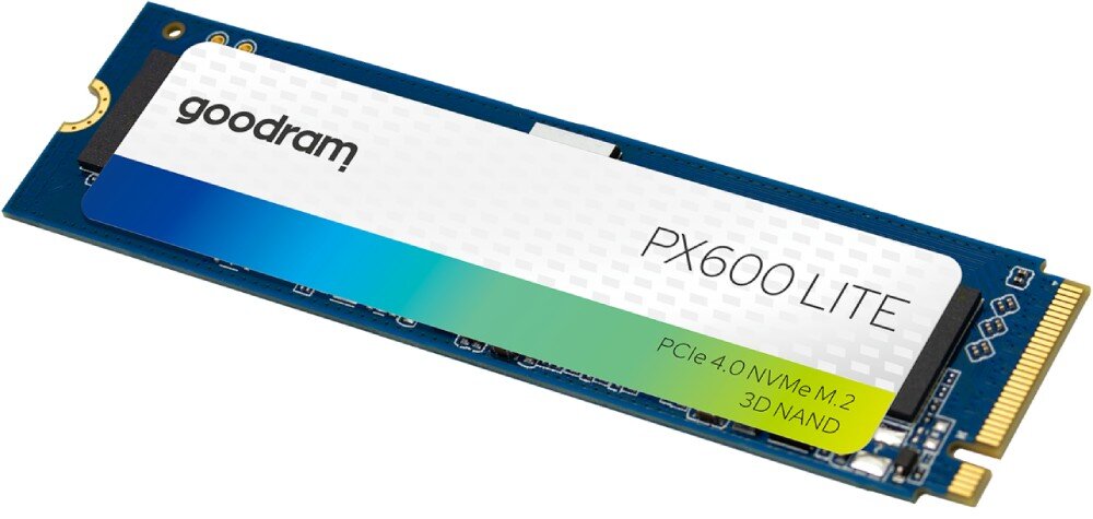 Dysk GOODRAM PX600 Lite Dysk półprzewodnikowy SSD formatu M.2 z etykietą pokazującą napis 'goodram', nazwę modelu 'PX600 LITE' oraz technologię 'PCIe 4.0 NVMe M.2 3D NAND', pojemność, funkcje