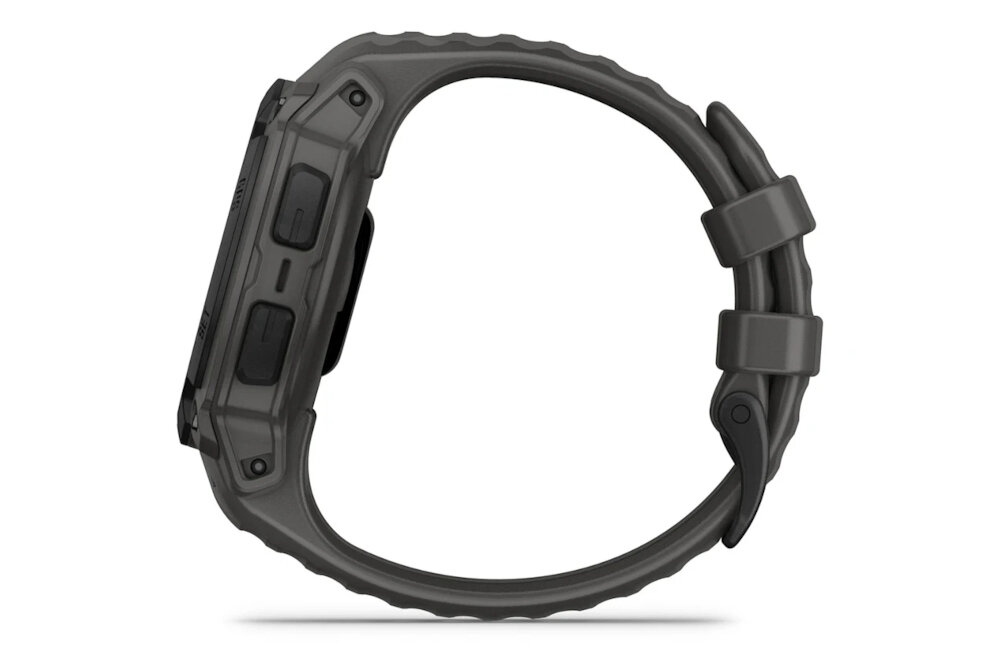 Czarny smartwatch z okrągłą tarczą i gumowym paskiem, widoczny z boku. Na obudowie znajdują się dwa przyciski.