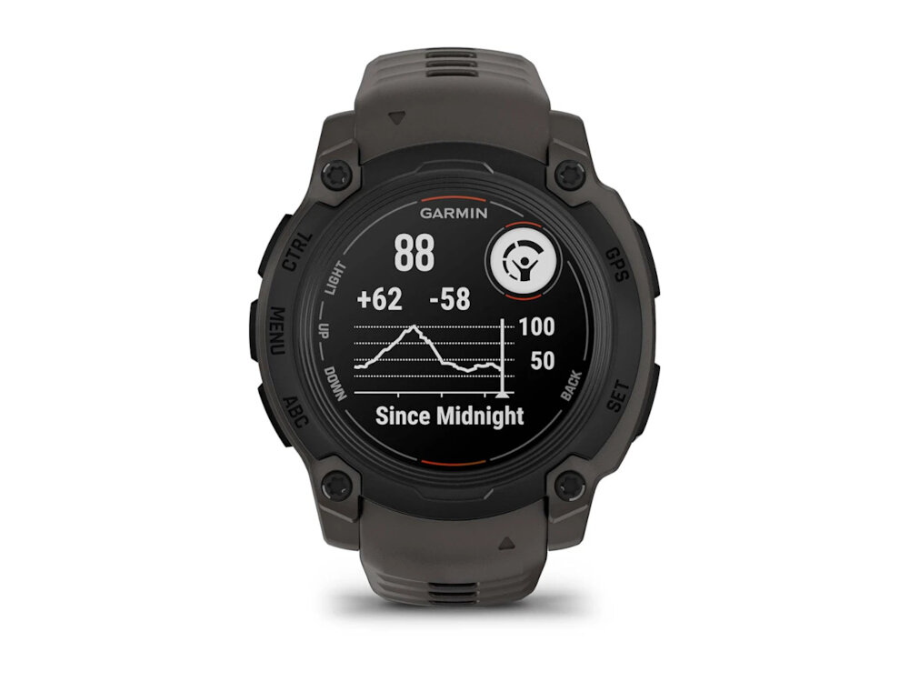 Czarny smartwatch z okrągłym wyświetlaczem, na którym widoczne są dane: \'GARMIN\', liczba \'88\', wykres oraz tekst \'Since Midnight\'. Na obudowie znajdują się przyciski z oznaczeniami: \'CTRL\', \'MENU\', \'ABC\', \'GPS\', \'SET\'.