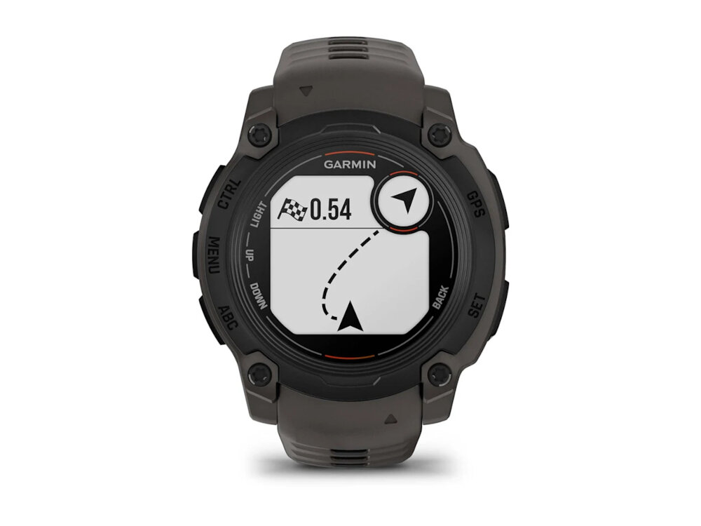 Smartwatch z okrągłym wyświetlaczem, na którym widoczna jest mapa z trasą i wskaźnikiem kierunku. Na ekranie znajduje się tekst: \'GARMIN\' oraz \'0.54\'.