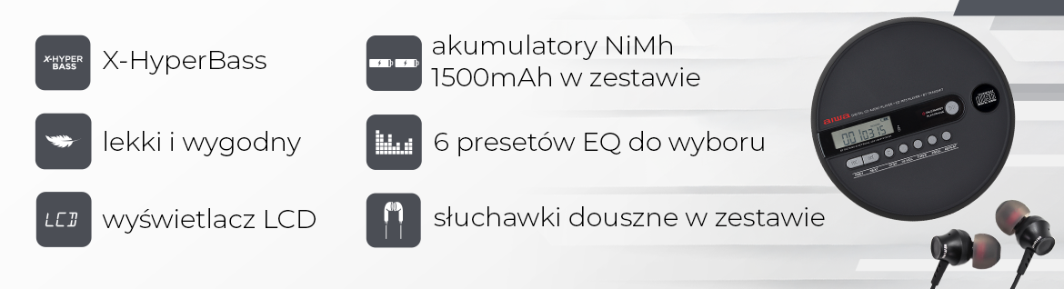 Discman AIWA PCD-1000BT - Antywstrząsowa technologia ESP i bogate brzmienie, ESP