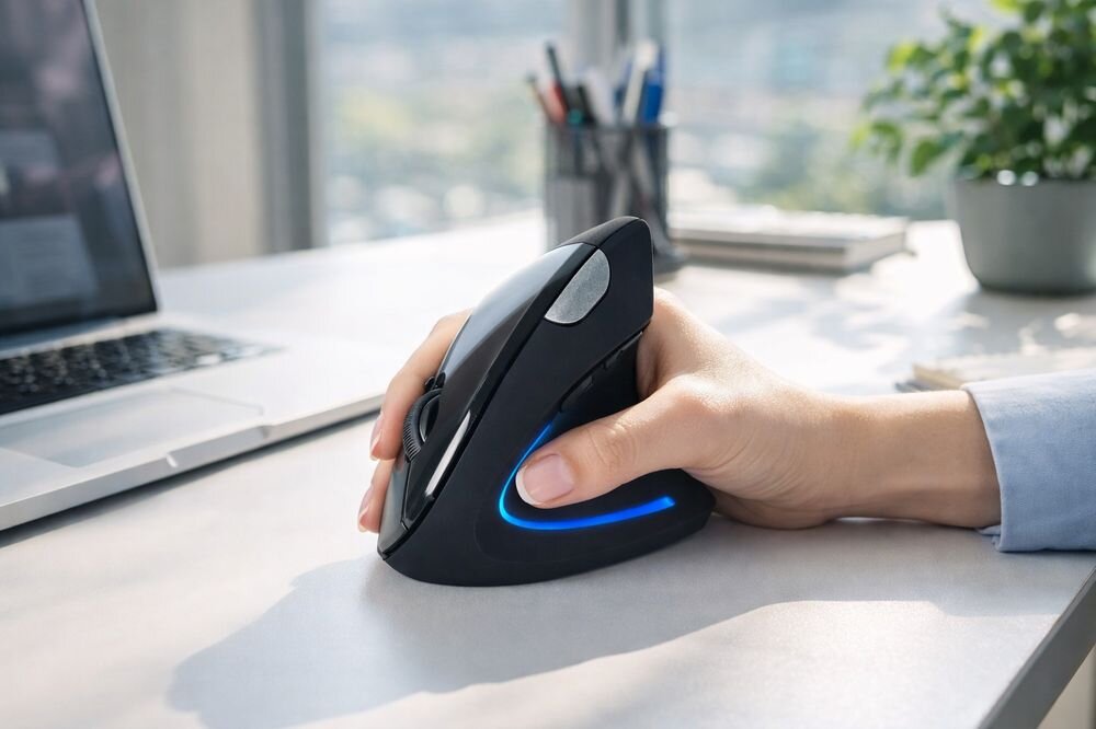 Osoba trzyma czarną mysz komputerową o ergonomicznym kształcie z niebieskim podświetleniem, na biurku obok laptopa. W tle widać rozmytą roślinę i przybory biurowe.