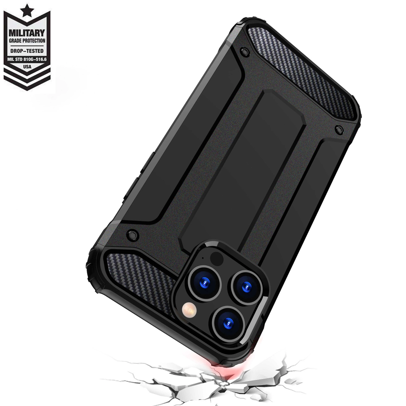 Obraz przedstawia pancerne etui na telefon z trzema widocznymi obiektywami aparatu. W lewym górnym rogu znajduje się logo z napisem: \'MILITARY GRADE PROTECTION DROP-TESTED MIL STD 810G-516.6 USA\'.