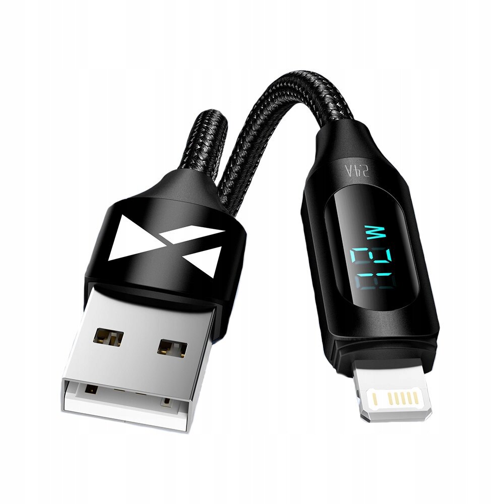 Czarny kabel USB-A do Lightning z wyświetlaczem pokazującym \'12W\'. Na wtyczce USB widoczne jest logo w kształcie białych trójkątów.