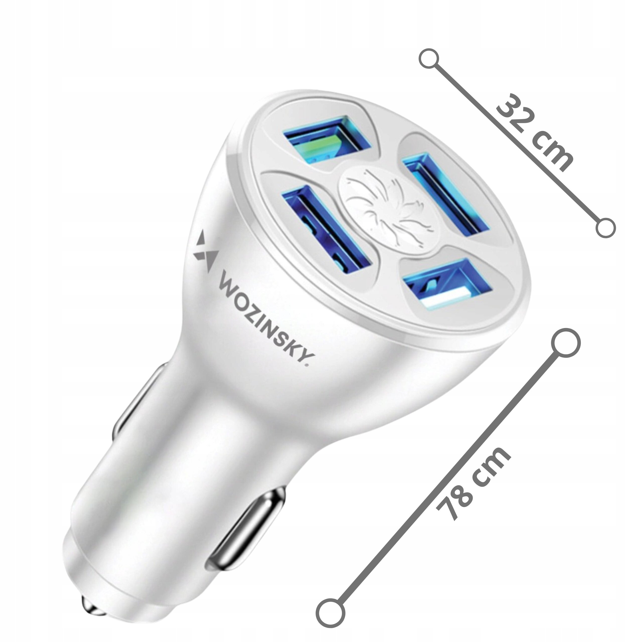 Srebrna ładowarka samochodowa z czterema niebieskimi portami USB i logo \'WOZINSKY\'. Widoczne wymiary to 32 cm i 78 cm.