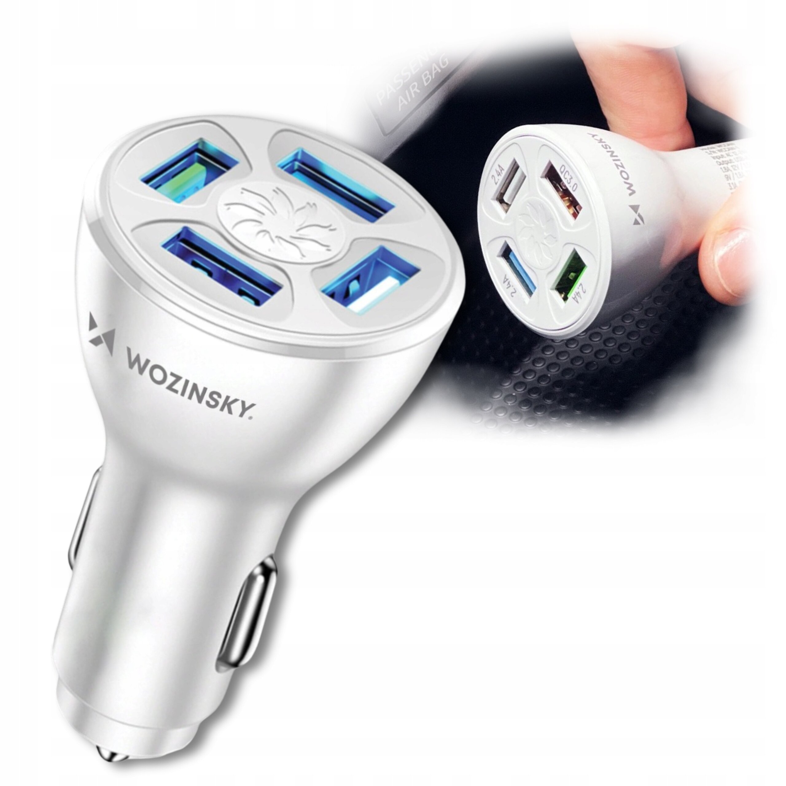 Srebrna ładowarka samochodowa z czterema portami USB, z widocznym logo \'WOZINSKY\'. Na jednym z portów oznaczenie \'QC3.0\'.
