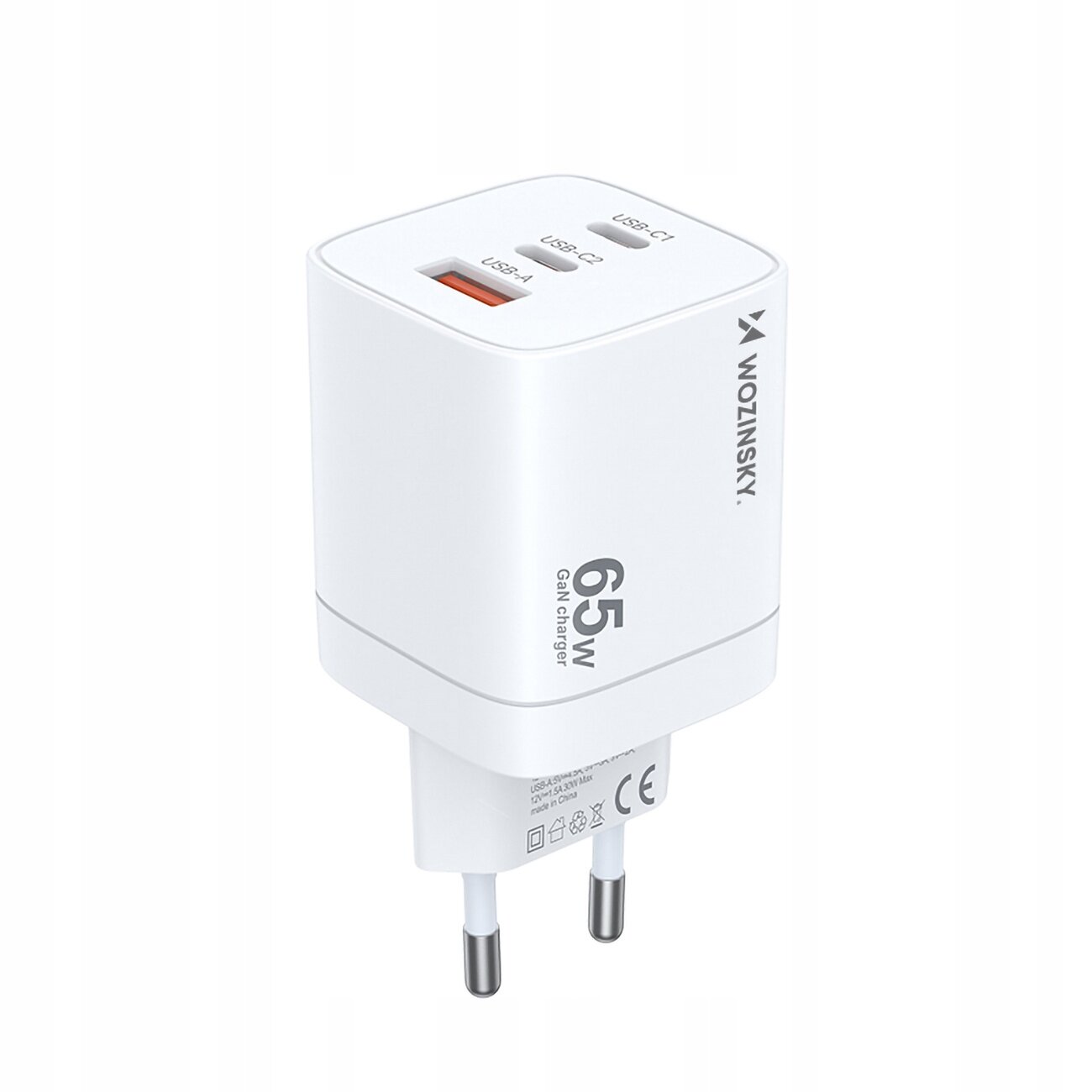 Biała ładowarka sieciowa z trzema portami: USB-A i dwoma USB-C. Na obudowie widoczne są napisy: \'WOZINSKY\', \'65W GAN Charger\'.