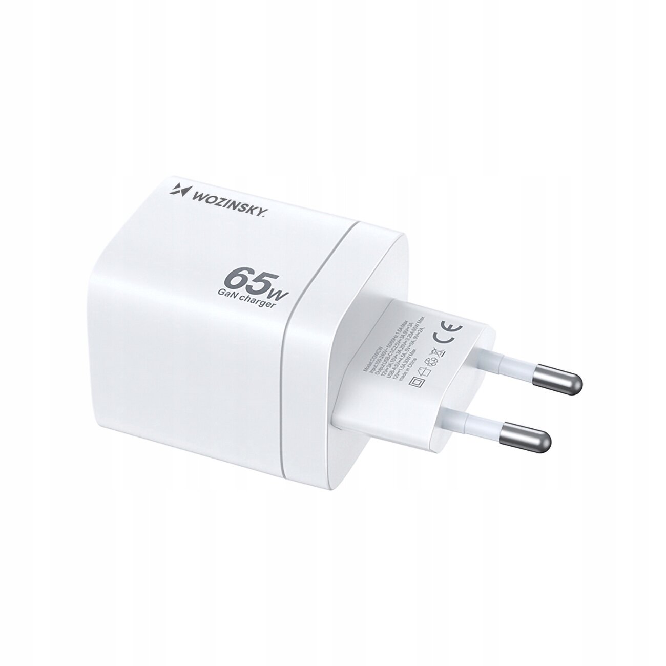 Biała ładowarka sieciowa z logo \'WOZINSKY\' i napisem \'65W GaN charger\'. Widoczne są dwa wtyki oraz oznaczenia CE na obudowie.