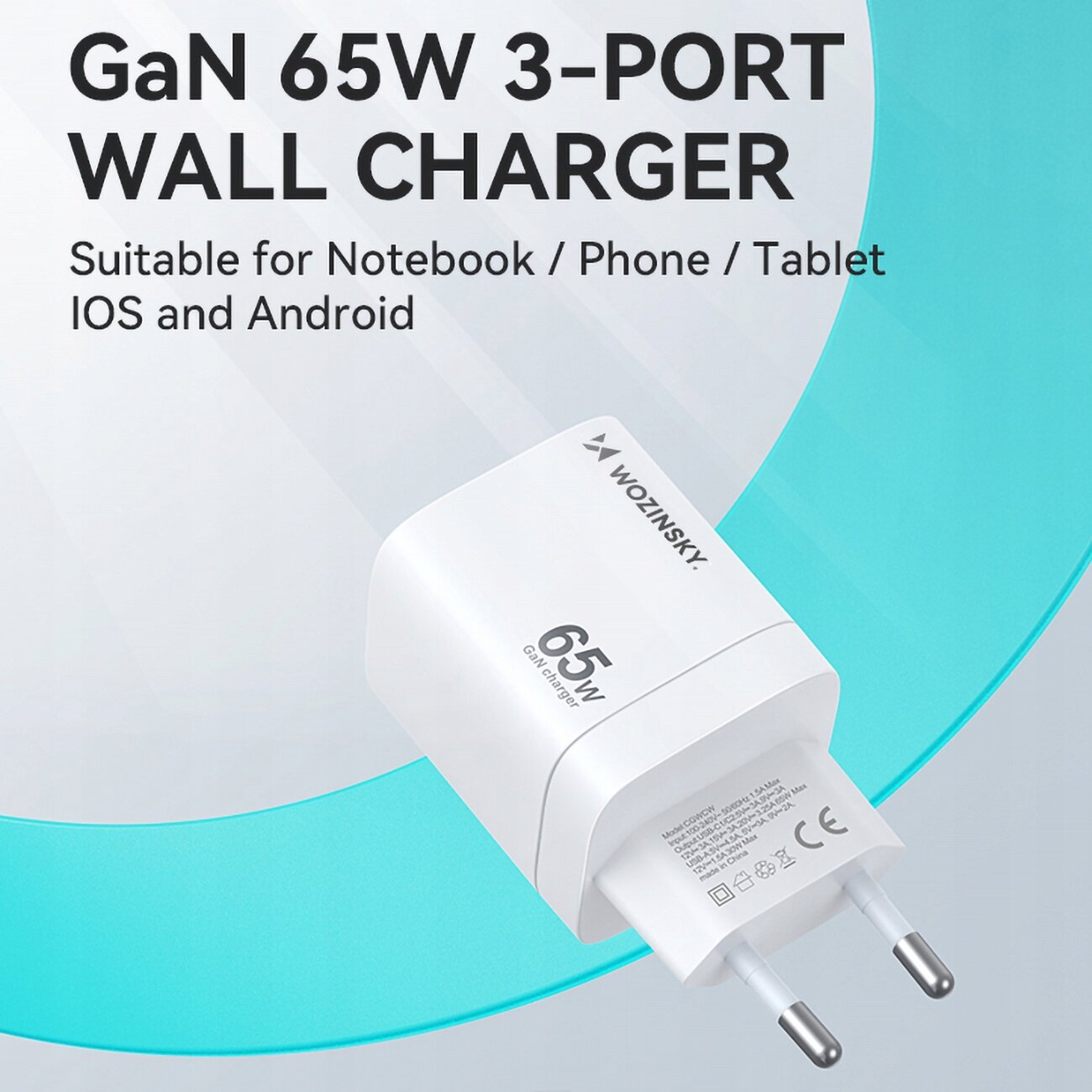 Biała ładowarka sieciowa z logo Wozinsky, oznaczona jako 65W GaN Charger. Widoczny tekst: \'GaN 65W 3-PORT WALL CHARGER Suitable for Notebook / Phone / Tablet IOS and Android\'.