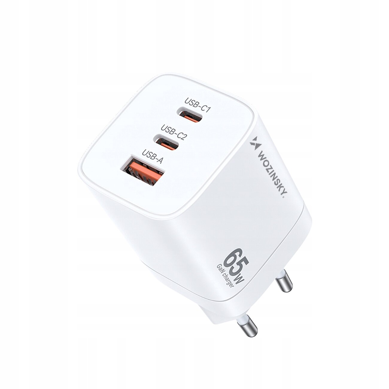 Biała ładowarka sieciowa z trzema portami: USB-C1, USB-C2 i USB-A. Na obudowie widoczne jest logo \'WOZINSKY\' oraz oznaczenie \'65W GaN charger\'.