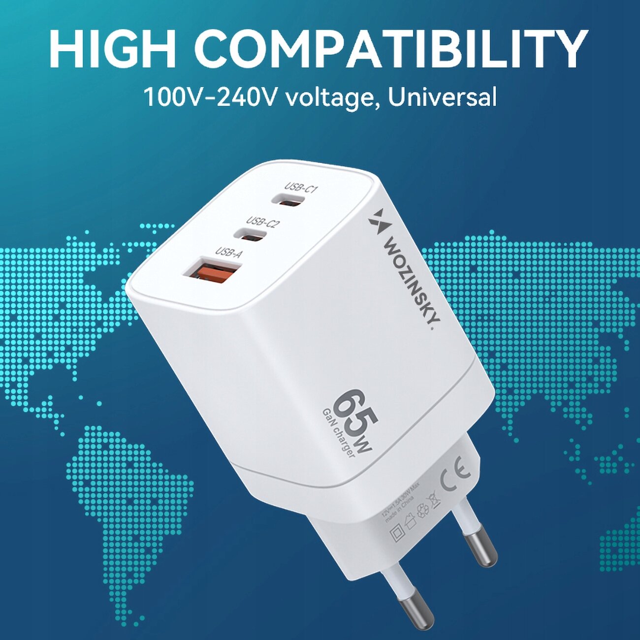 Biała ładowarka sieciowa z trzema portami: USB-C1, USB-C2 i USB-A, z logo \'WOZINSKY\' i oznaczeniem \'65W GaN charger\'. W tle widoczna jest mapa świata z napisem \'HIGH COMPATIBILITY 100V-240V voltage, Universal\'.