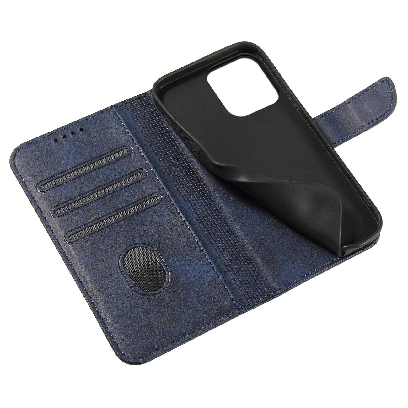 Niebieskie etui z klapką i portfelem, posiada trzy kieszonki na karty oraz miejsce na telefon. Wnętrze etui jest czarne, a zewnętrzna część ma zapięcie na magnes.