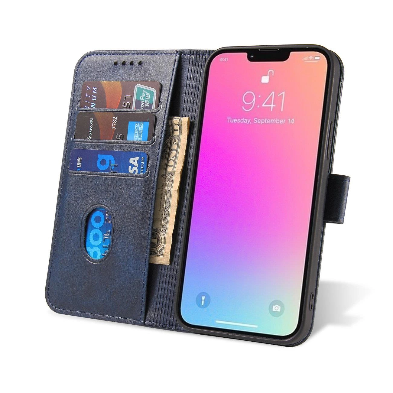 Niebieskie etui na telefon z klapką i portfelem, zawierające trzy kieszenie na karty oraz miejsce na banknoty. Telefon w etui wyświetla godzinę 9:41 i datę Tuesday, September 14.