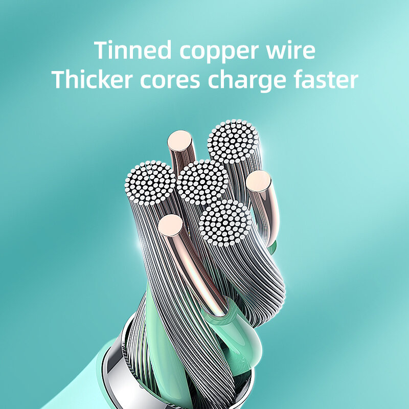 Obraz przedstawia zbliżenie na przewody z miedzi cynowanej z napisem \'Tinned copper wire Thicker cores charge faster\' na tle w kolorze turkusowym.