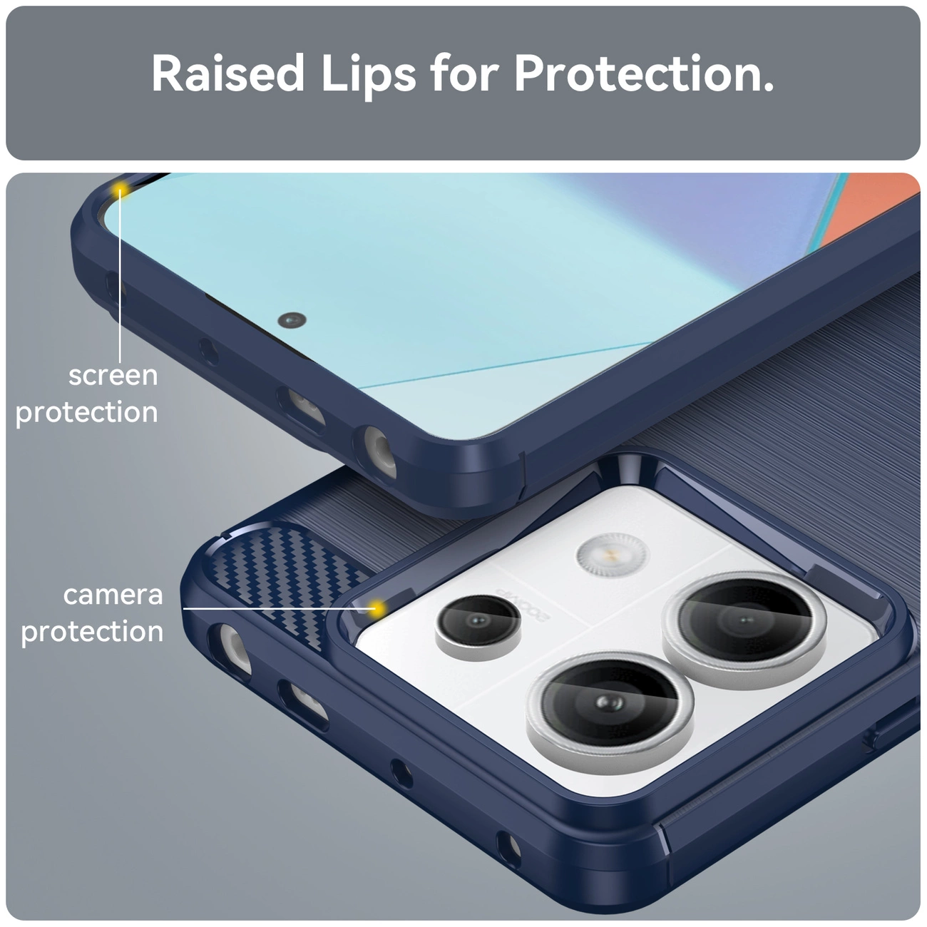 Obraz przedstawia niebieskie etui na telefon z podniesionymi krawędziami dla ochrony ekranu i aparatu. Na górze widoczny jest tekst: \'Raised Lips for Protection.\'