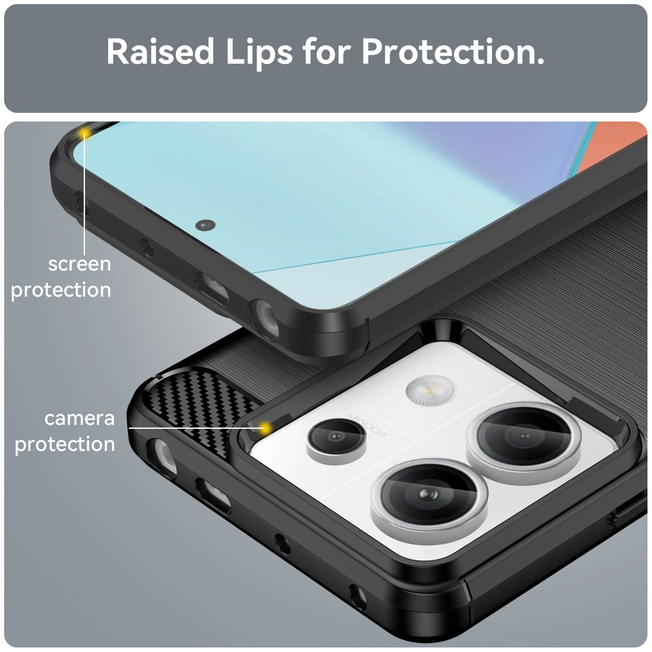Obraz przedstawia czarne etui na telefon z podniesionymi krawędziami dla ochrony ekranu i aparatu. Na górze widoczny jest tekst: \'Raised Lips for Protection.\'