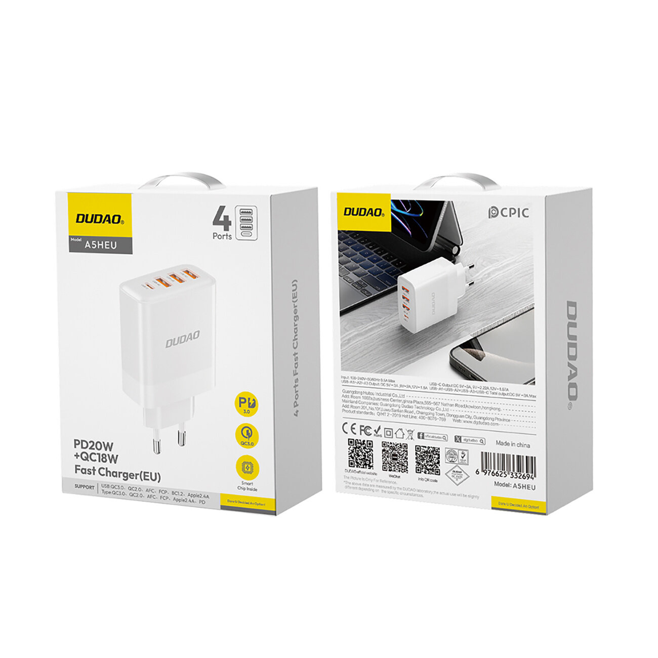 Opakowanie ładowarki Dudao A5Heu z widocznymi czterema portami USB, w tym jednym USB-C. Na opakowaniu znajdują się napisy: \'PD20W + QC18W Fast Charger(EU)\' oraz logo Dudao.