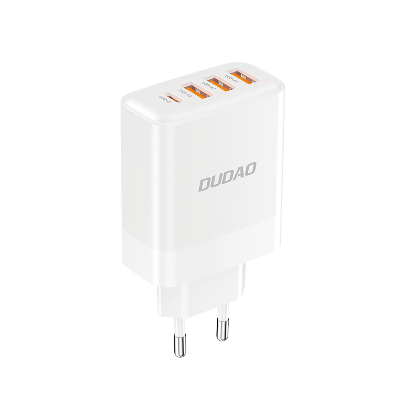 Biała ładowarka sieciowa z logo \'DUDAO\', posiada trzy porty USB-A i jeden port USB-C oznaczone jako \'QC3.0\', \'AUTO\', \'AUTO\' i \'PD\'.
