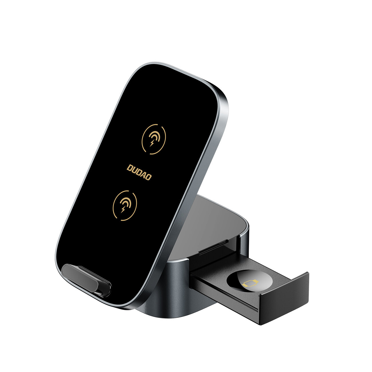 Czarna ładowarka indukcyjna z miejscem na telefon, smartwatcha i słuchawki, z widocznym logo \'DUDAO\'.