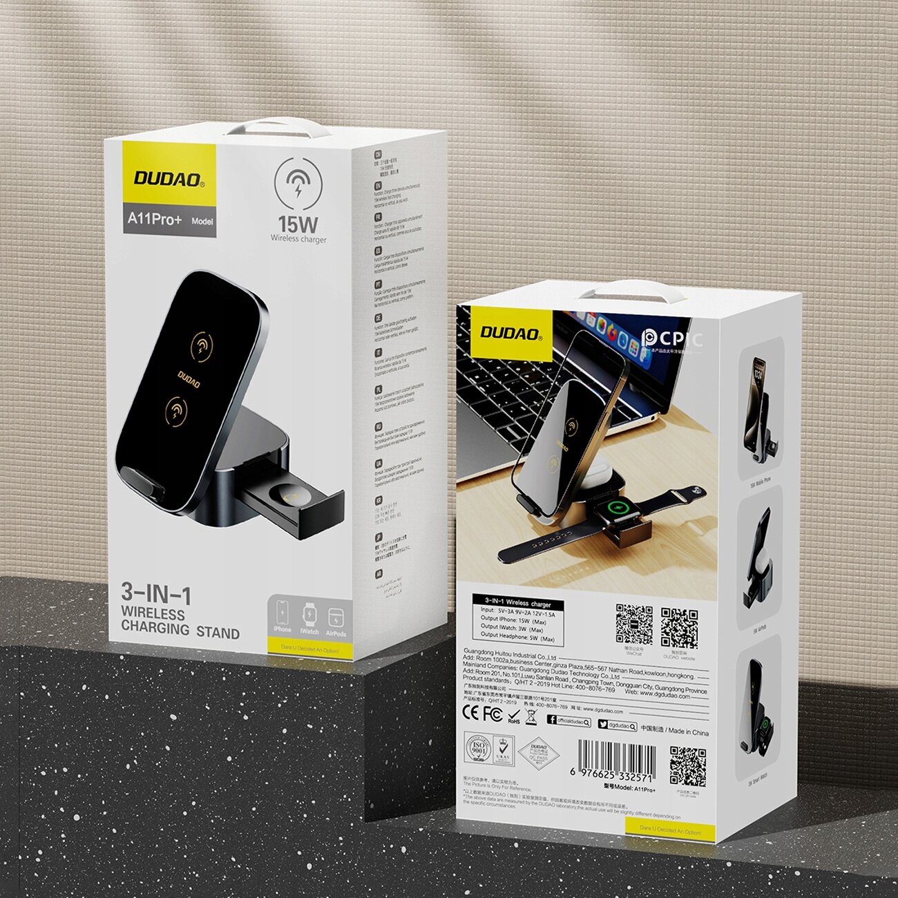 Na obrazie widoczne są dwa pudełka produktu \'Dudao A11Pro+ 3-IN-1 Wireless Charging Stand\' o mocy 15W. Pudełka przedstawiają ładowarkę indukcyjną oraz jej zastosowanie do ładowania telefonu, smartwatcha i słuchawek.