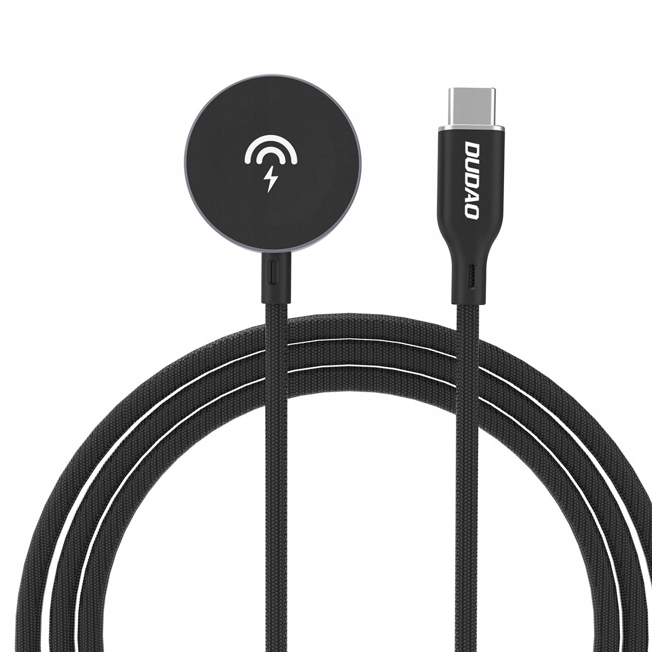 Czarna ładowarka indukcyjna z okrągłą końcówką z symbolem ładowania i kablem USB-C z napisem \'DUDAO\'.