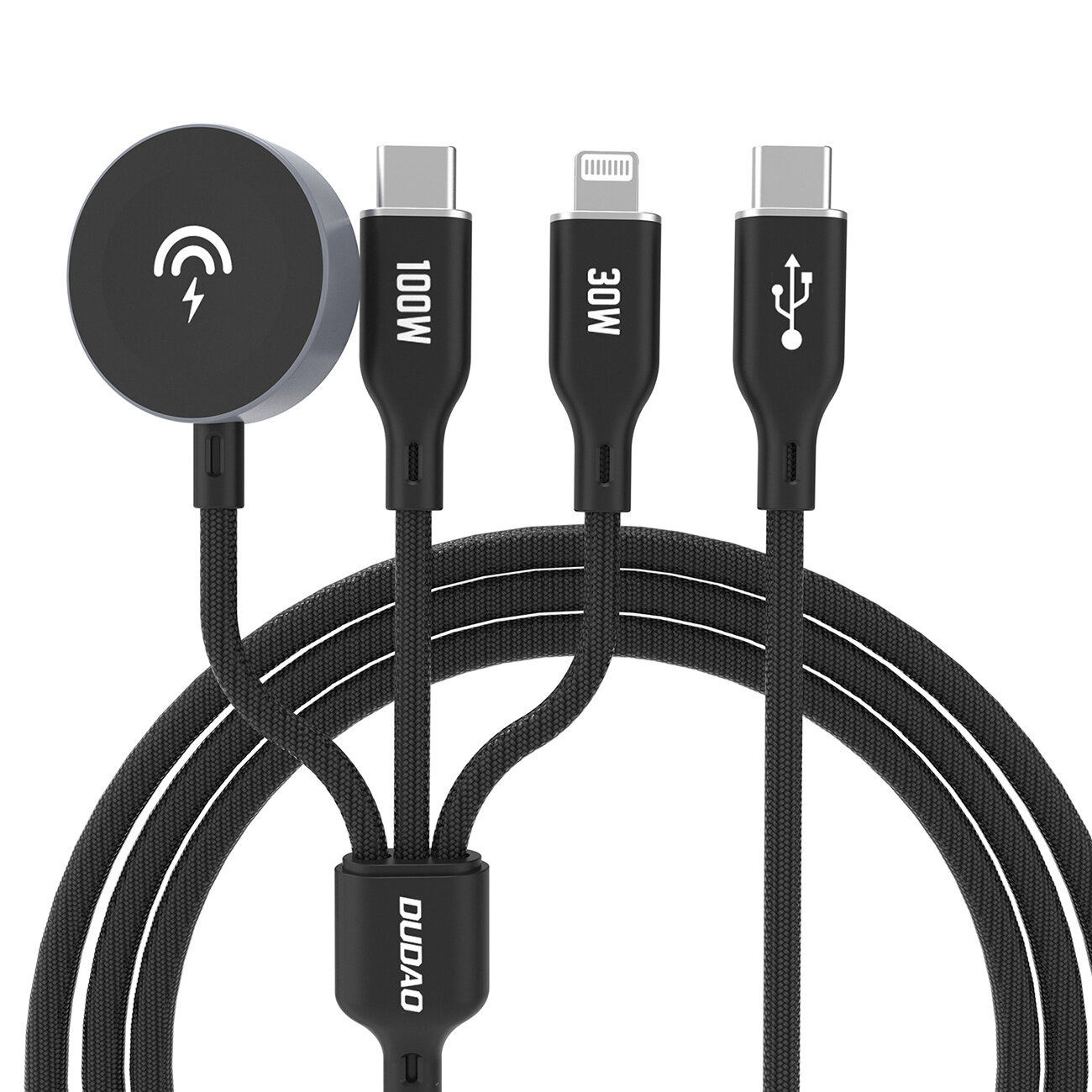 Na obrazie widoczny jest czarny kabel z trzema różnymi końcówkami: USB-C z oznaczeniem \'100W\', Lightning z oznaczeniem \'30W\' oraz USB z symbolem. Kabel posiada również okrągłą ładowarkę z symbolem ładowania i logo \'DUDAO\'.