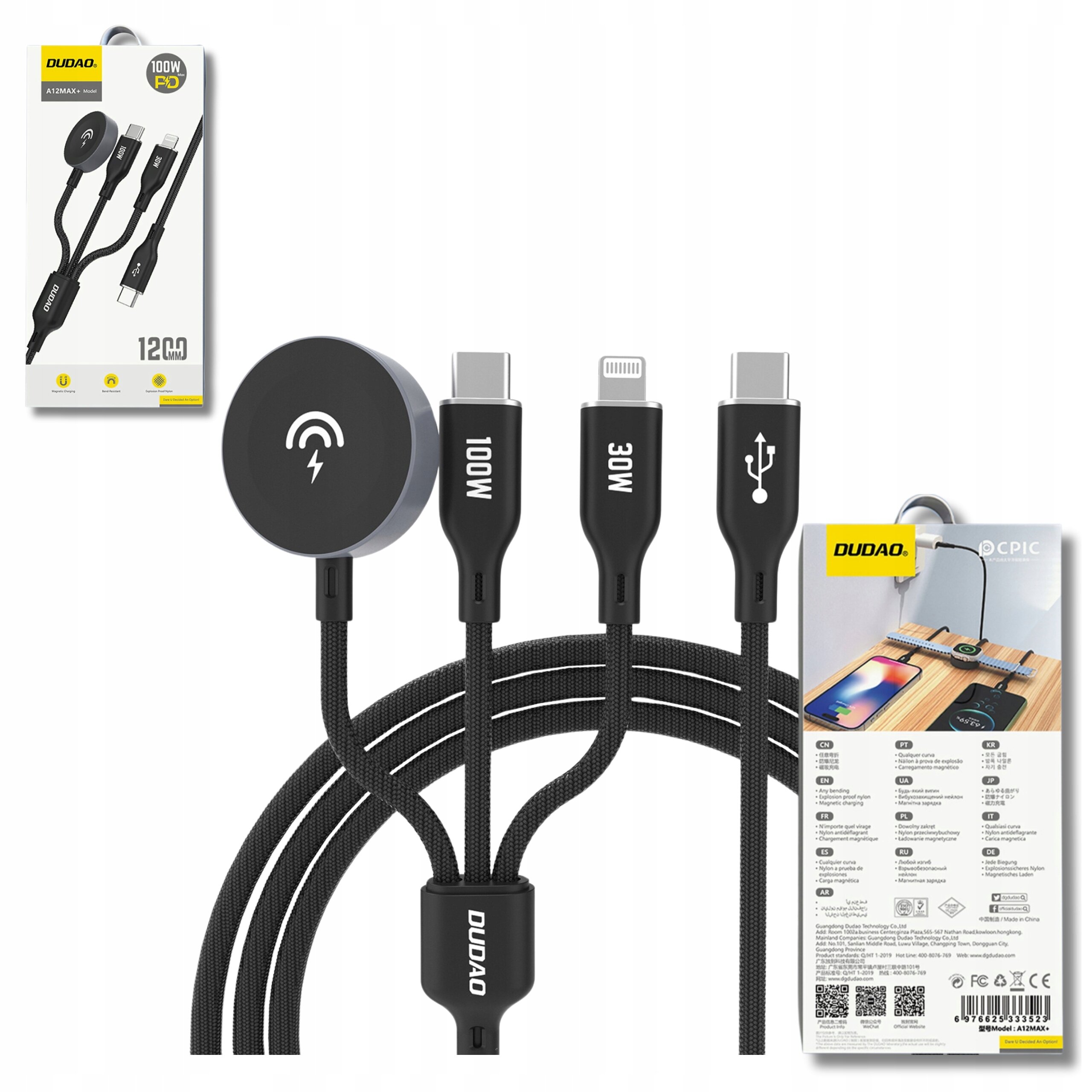 Na obrazie widoczny jest czarny kabel z trzema różnymi końcówkami: USB-C oznaczone jako 100W, Lightning oznaczone jako 30W oraz USB. Obok znajduje się opakowanie z logo \'DUDAO\' i zdjęcie przedstawiające kabel podłączony do urządzeń.