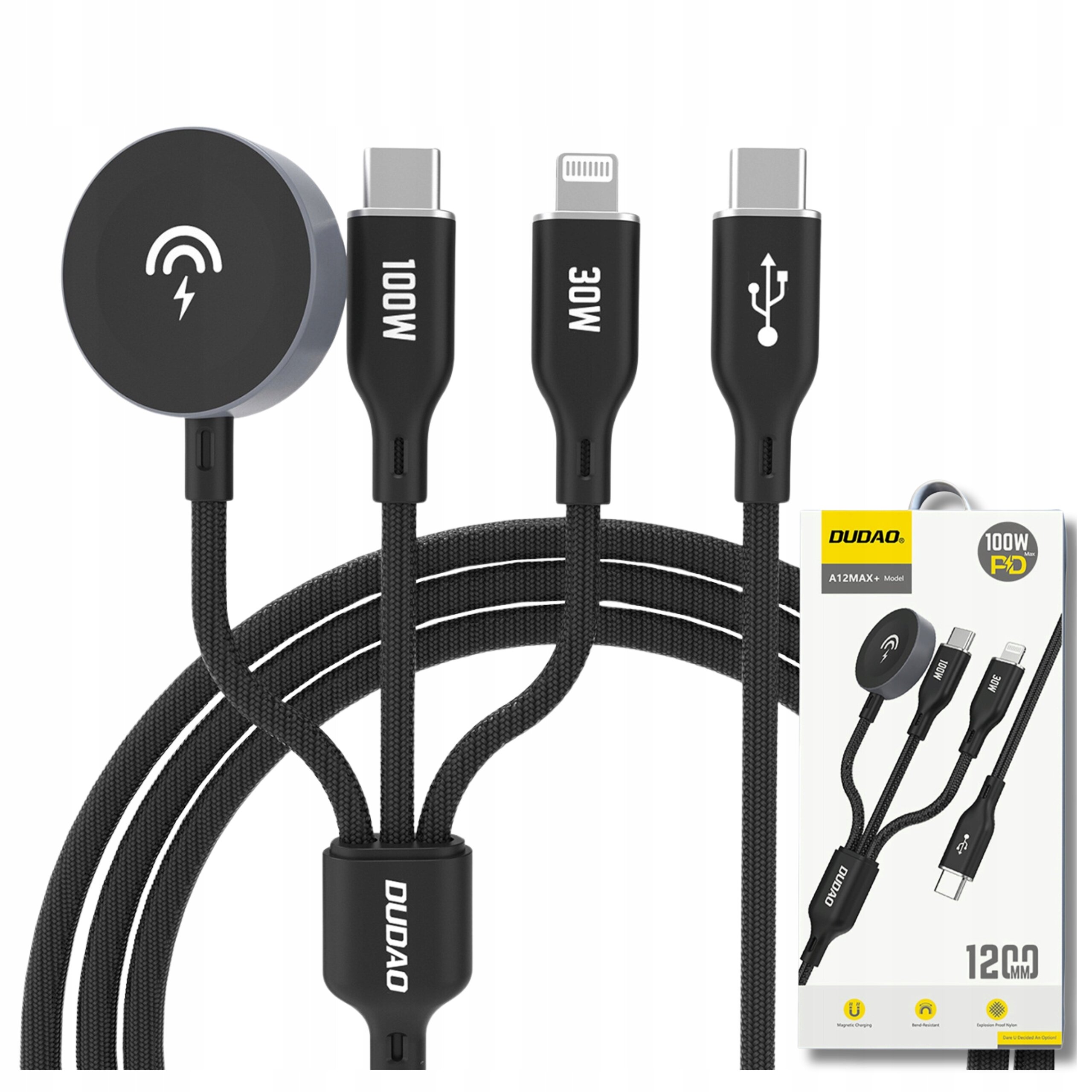 Na obrazie widoczny jest czarny kabel z trzema różnymi końcówkami: USB-C z oznaczeniem \'100W\', Lightning z oznaczeniem \'30W\' oraz USB-C z symbolem USB. Obok kabla znajduje się opakowanie z logo \'DUDAO\' i oznaczeniem \'100W PD\', przedstawiające ten sam produkt.
