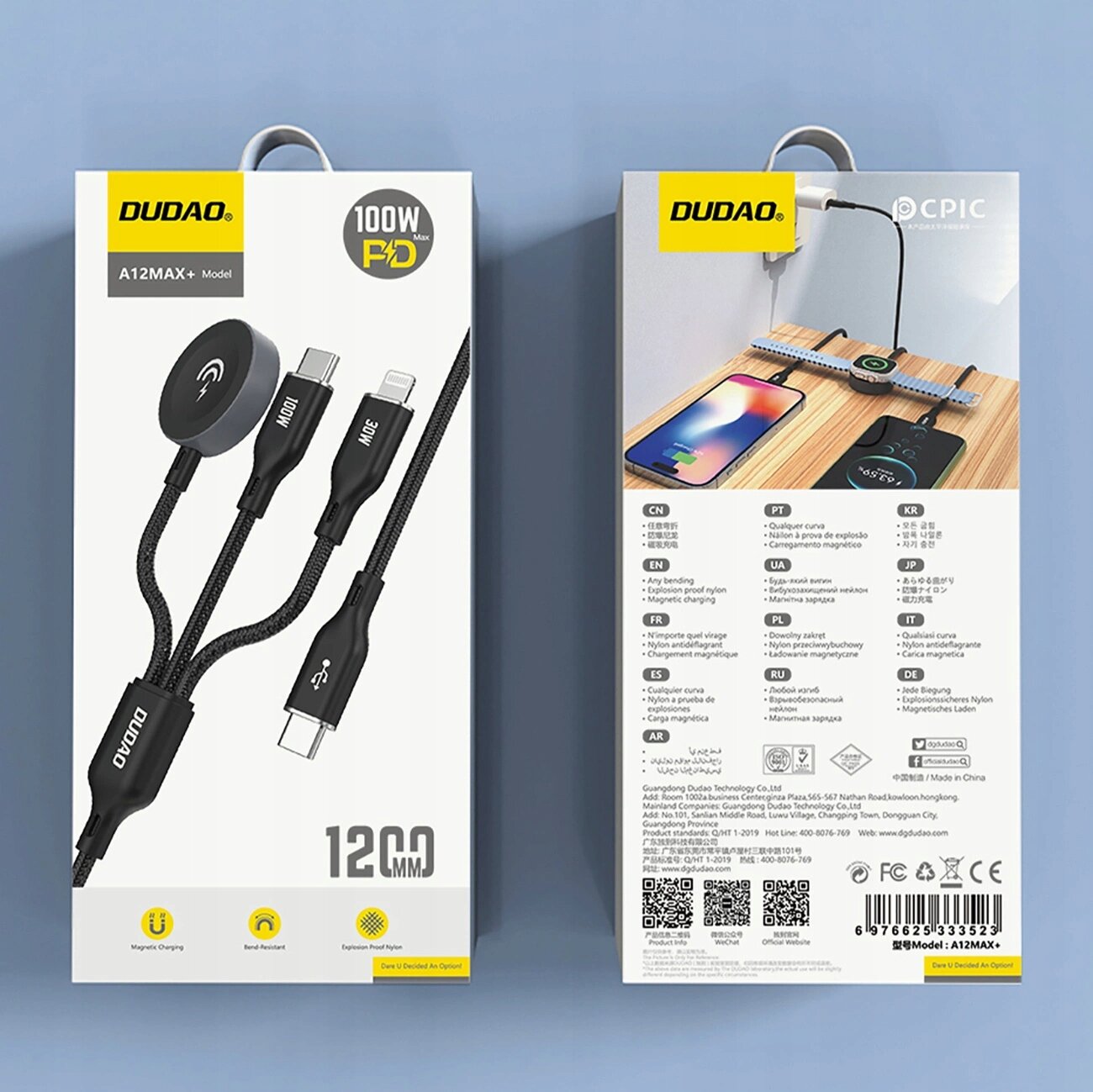 Opakowanie produktu Dudao A12MAX+ z trzema różnymi końcówkami kabli i oznaczeniem 100W PD. Na odwrocie widoczna jest ilustracja użycia kabla oraz informacje w kilku językach.