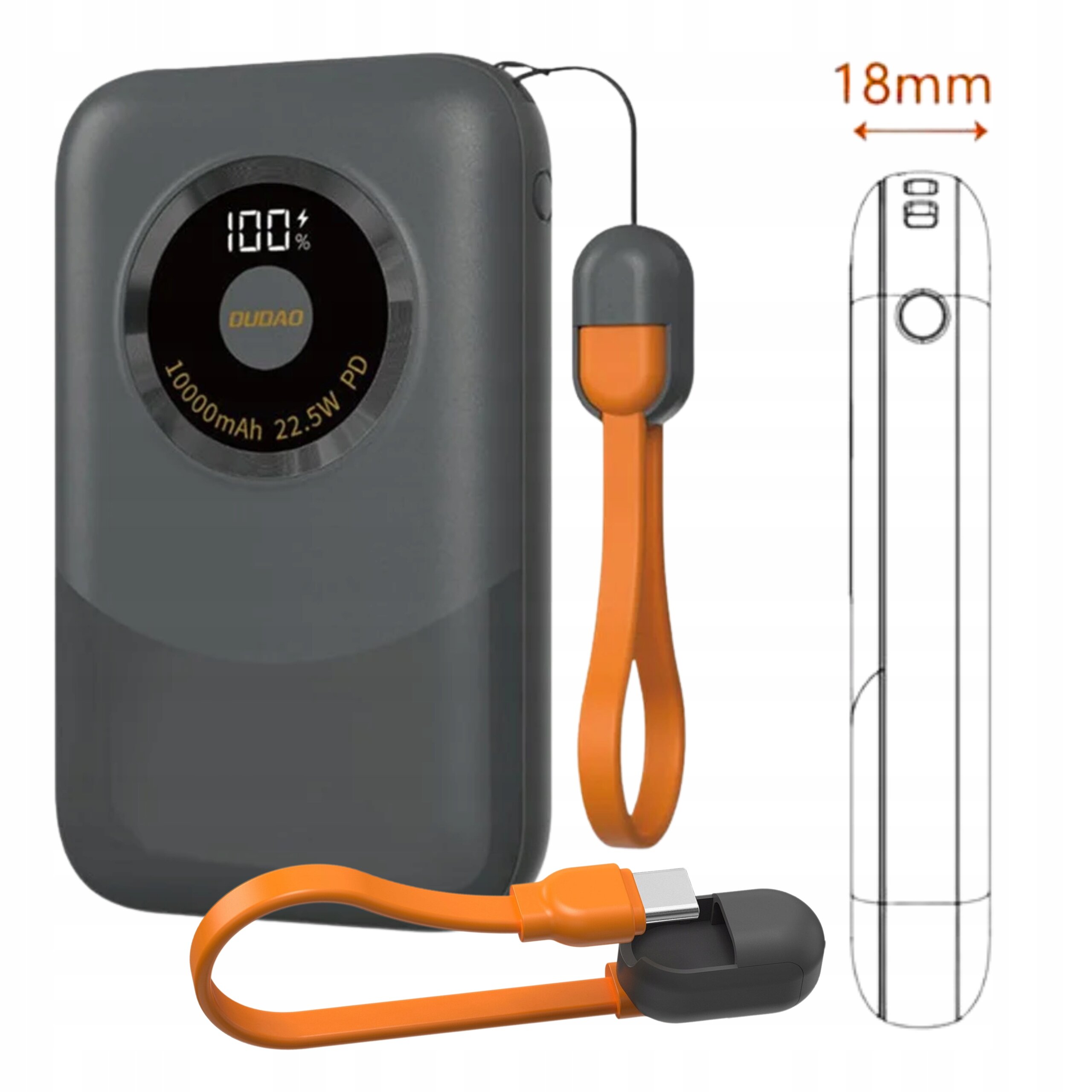 Szary powerbank z wyświetlaczem pokazującym 100% naładowania, z napisem \'DUDAO 10000mAh 22.5W PD\'. Obok znajduje się pomarańczowy kabel USB oraz schematyczny rysunek z wymiarem 18mm.