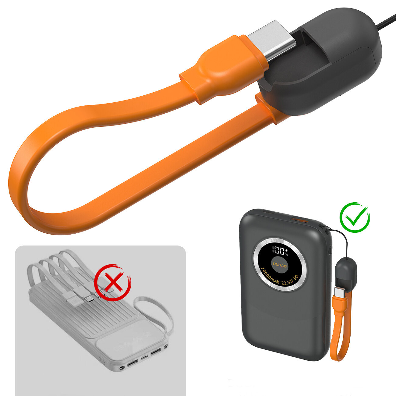 Obraz przedstawia szary powerbank z wyświetlaczem pokazującym \'100%\' oraz tekstem \'10000mAh 22.5W PD\'. Powerbank ma pomarańczowy kabel USB-C i jest oznaczony zielonym znakiem wyboru, podczas gdy inny, szary powerbank z kilkoma kablami jest oznaczony czerwonym znakiem X.