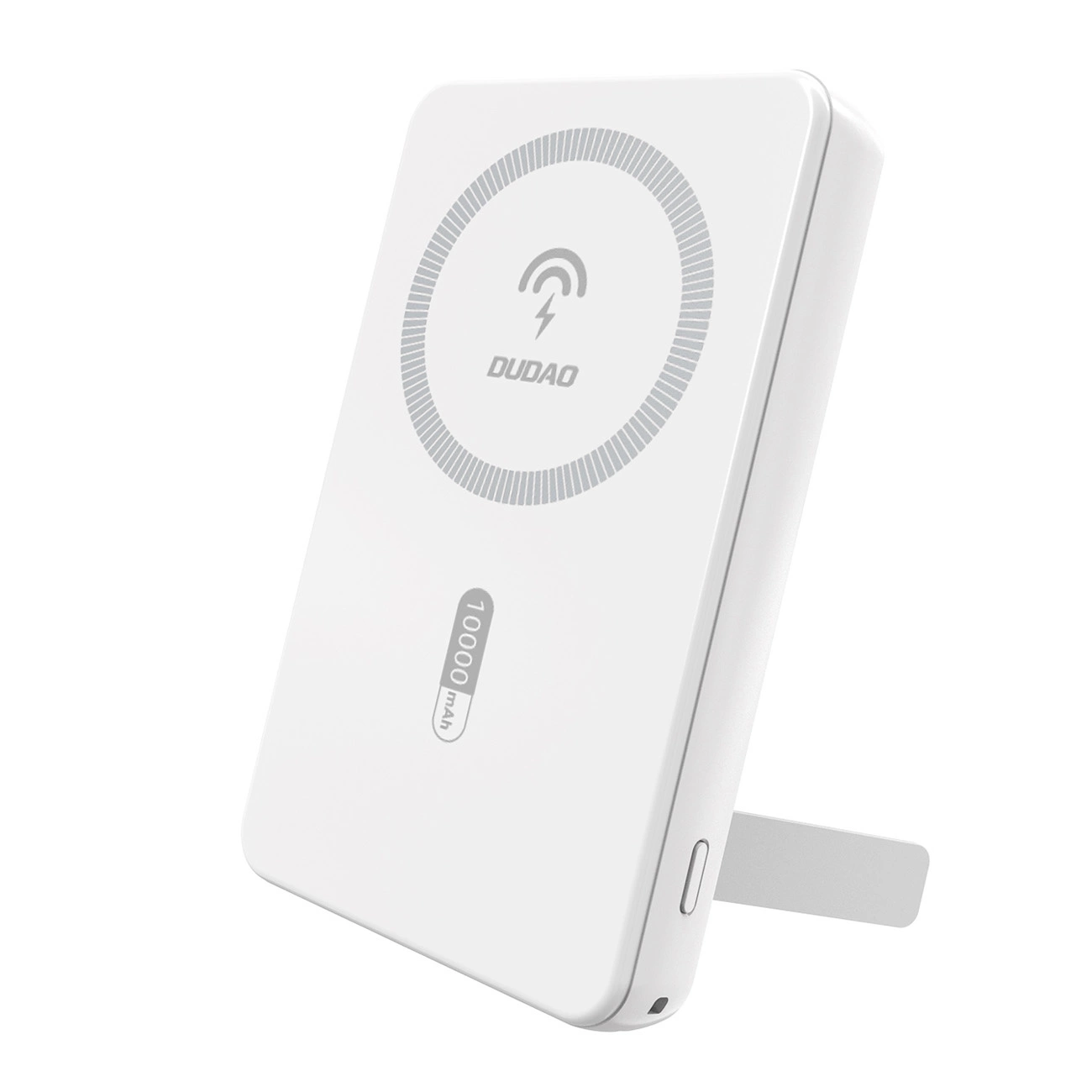 Biały powerbank z logo \'DUDAO\' i oznaczeniem \'10000 mAh\' na powierzchni. Urządzenie posiada wbudowaną podstawkę i port USB-C.