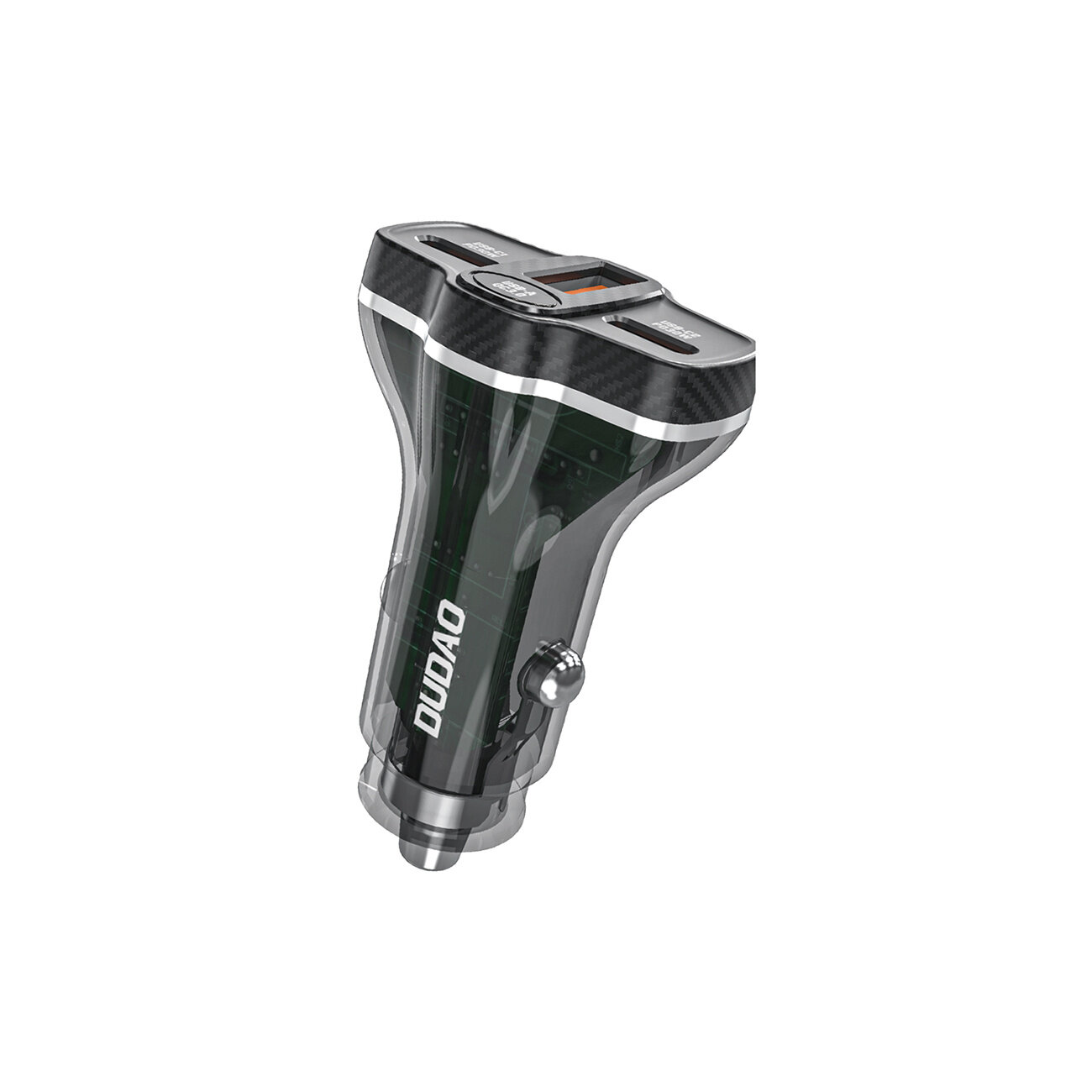 Czarna ładowarka samochodowa z trzema portami: jednym USB-C i dwoma USB-A. Na obudowie widoczne jest logo \'DUDAO\'.