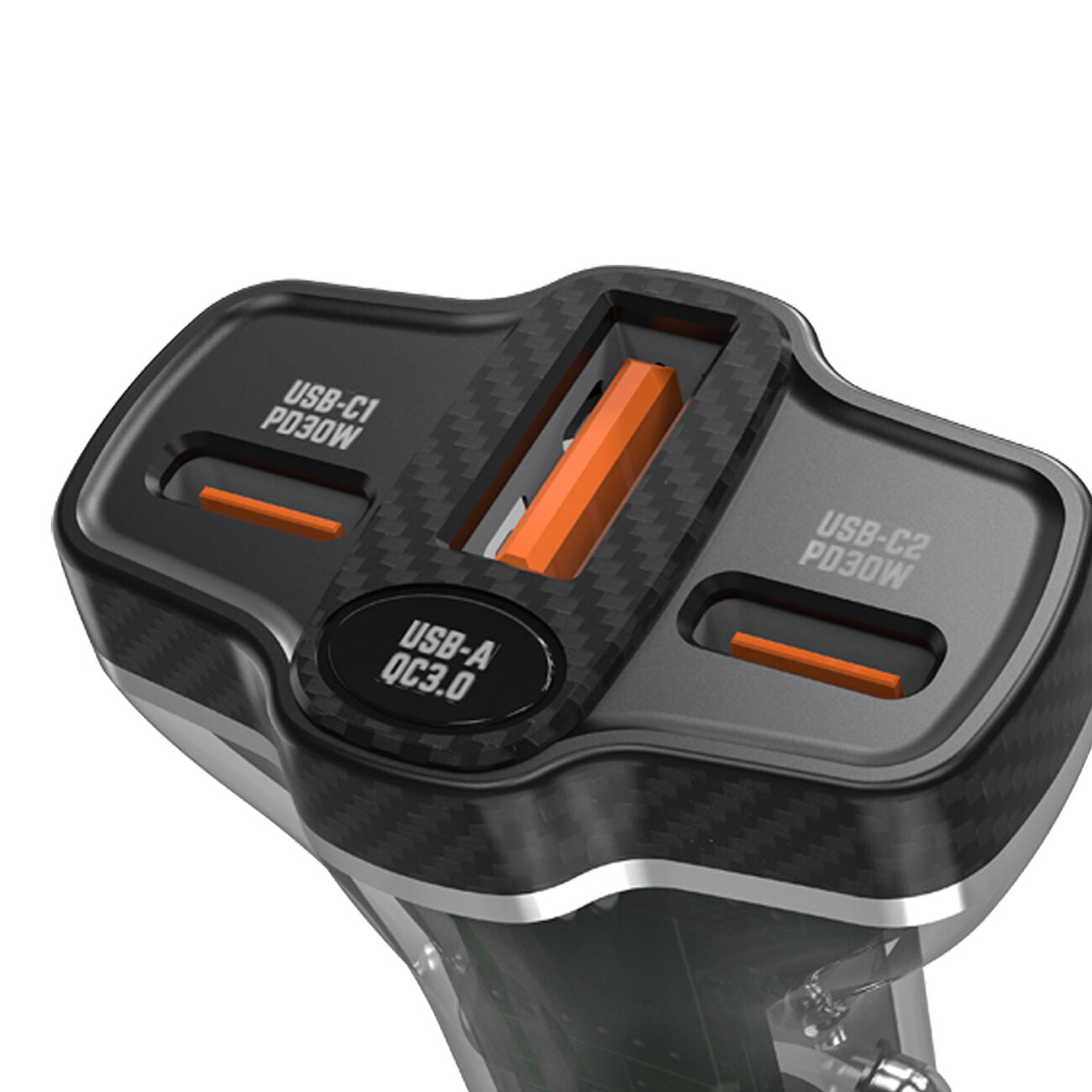 Czarna ładowarka samochodowa z trzema portami: USB-C1 PD30W, USB-C2 PD30W i USB-A QC3.0. Porty mają pomarańczowe wnętrza, a obudowa ma wzór przypominający włókno węglowe.