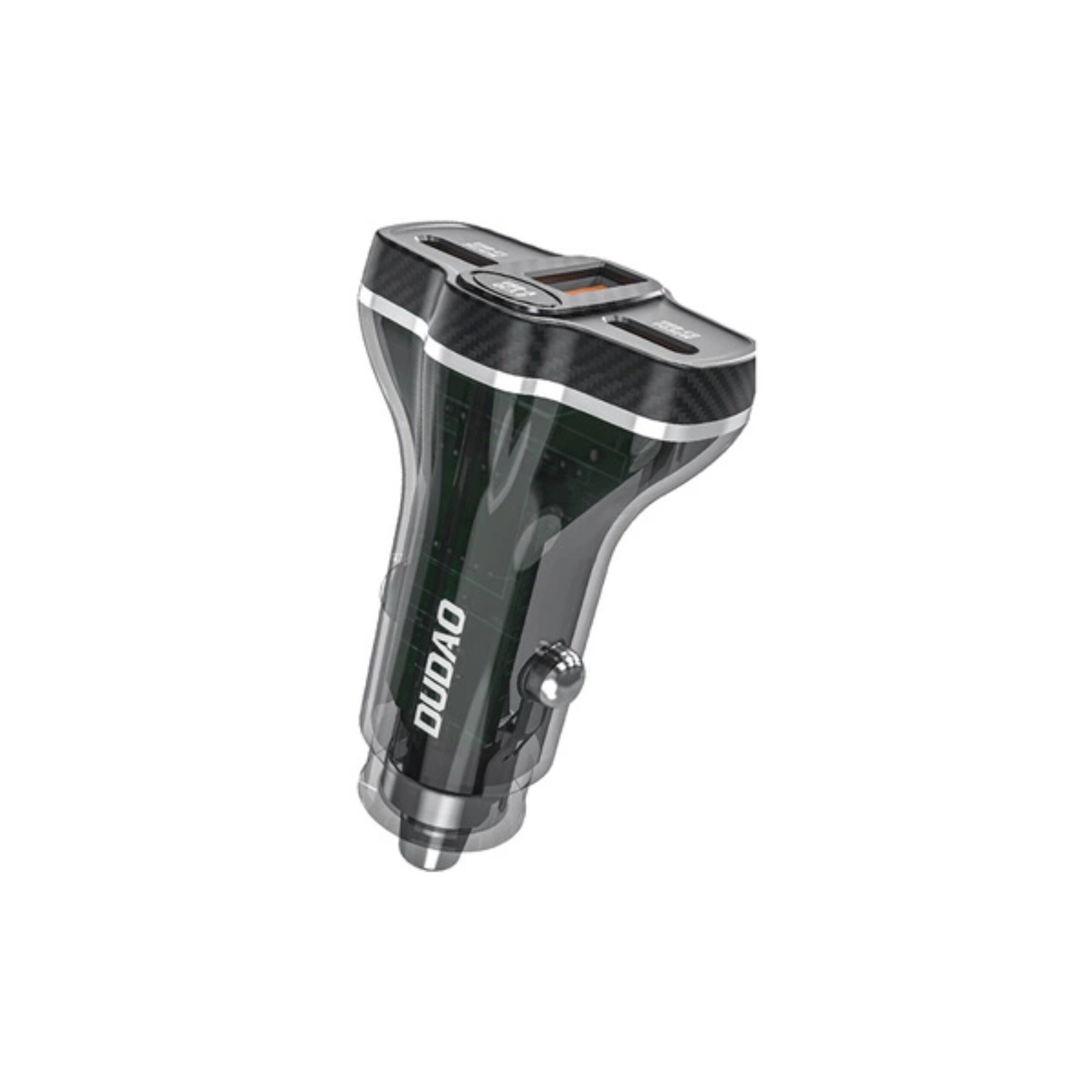 Czarna ładowarka samochodowa z trzema portami: jednym USB-C i dwoma USB-A. Na obudowie widoczne jest logo \'DUDAO\'.