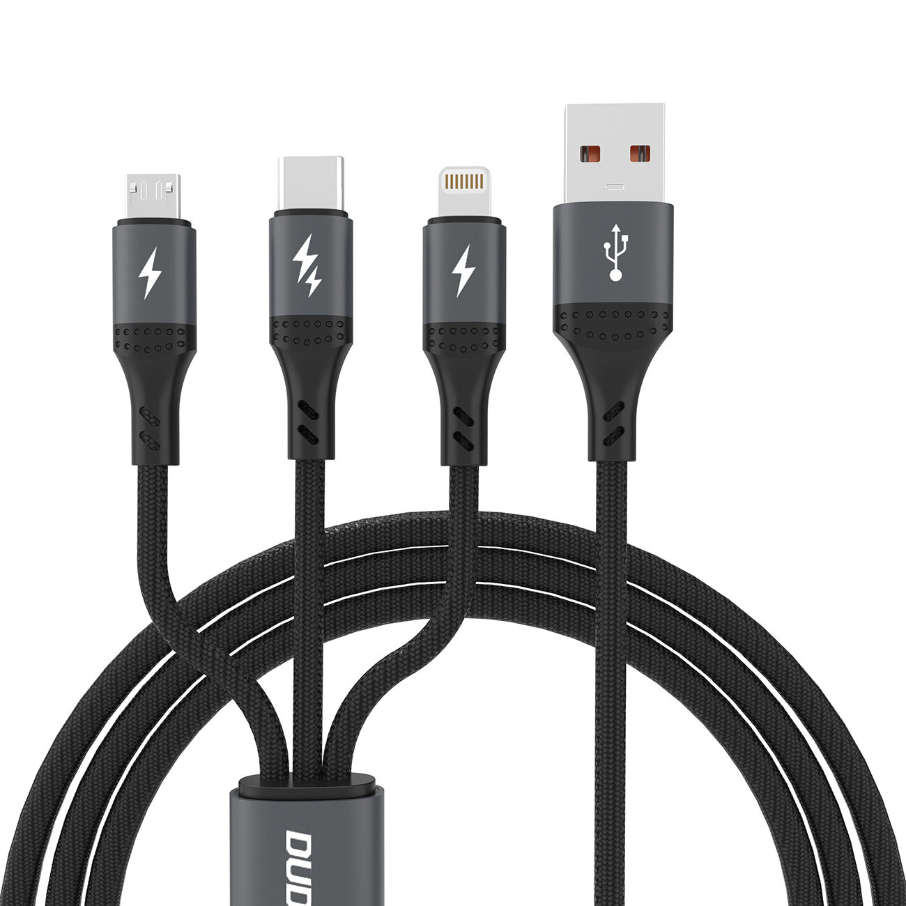 Czarny kabel z trzema różnymi końcówkami: microUSB, USB-C i Lightning oraz standardowym złączem USB. Na końcówkach widoczne są symbole błyskawicy i USB.