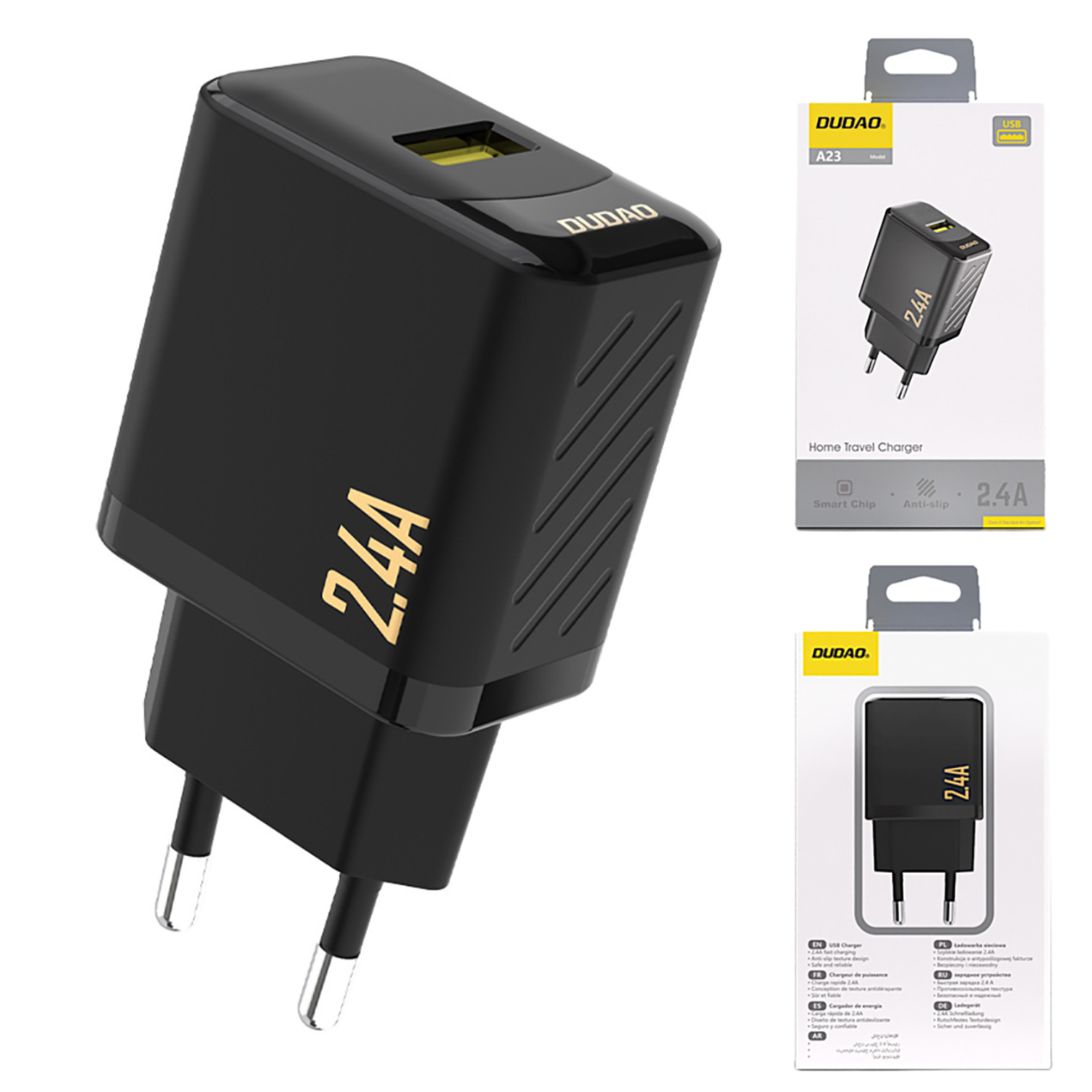 Czarna ładowarka z oznaczeniem 2.4A i logo Dudao na górze. Obok znajduje się opakowanie z grafiką ładowarki i tekstem \'Home Travel Charger\'.