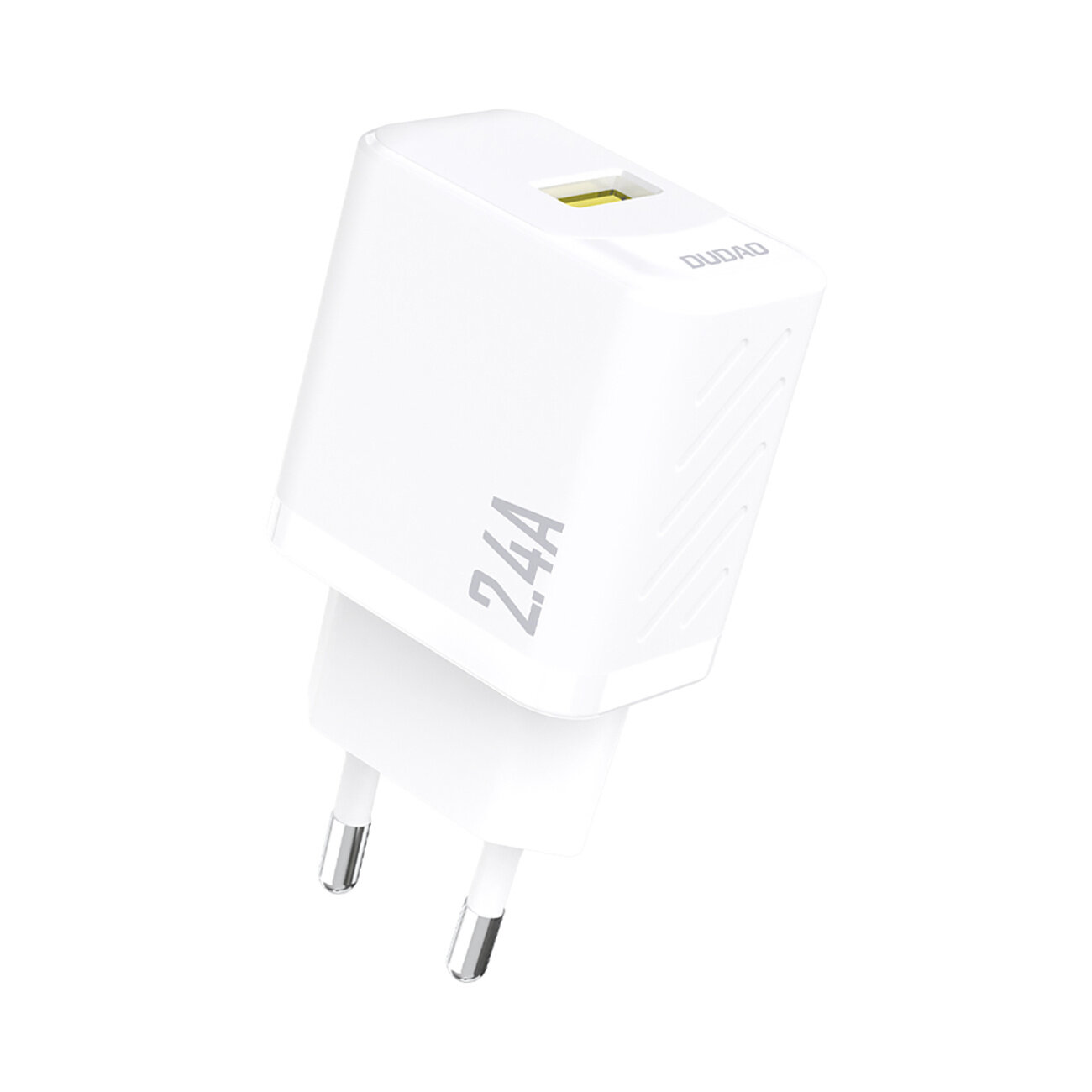 Biała ładowarka z jednym portem USB-A, oznaczona napisem \'2.4A\' i logo \'DUDAO\'.