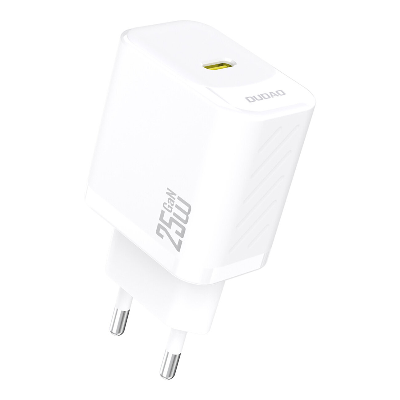 Biała ładowarka sieciowa z napisem \'25W GaN\' oraz logo \'DUDAO\'. Posiada złącze USB-C i dwa metalowe bolce do podłączenia do gniazdka.