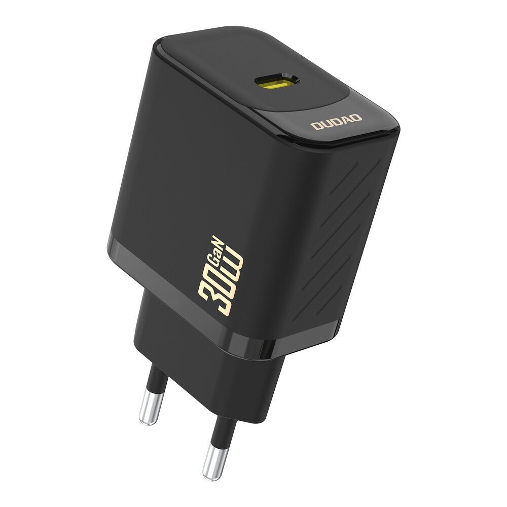 Czarna ładowarka sieciowa z napisem \'30W GaN\' oraz logo \'DUDAO\'. Posiada złącze USB-C i dwa metalowe bolce do podłączenia do gniazdka.