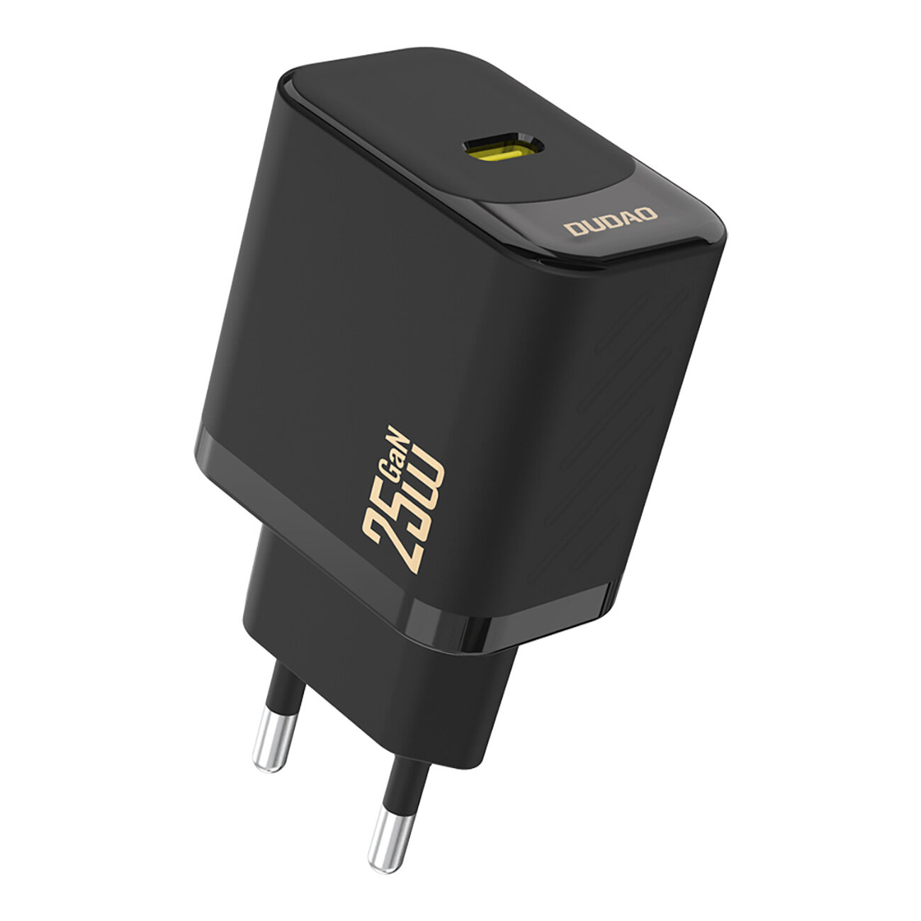 Czarna ładowarka sieciowa z napisem \'25W GaN\' oraz logo \'DUDAO\' na górnej części. Posiada złącze USB-C i dwa metalowe bolce do podłączenia do gniazdka.