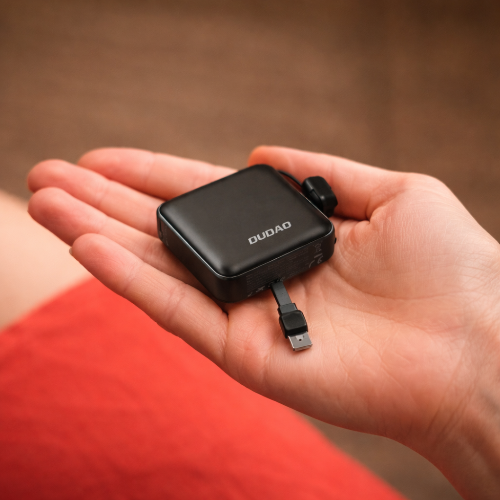 Osoba trzyma w dłoni czarny powerbank z napisem \'DUDAO\' i widocznym kablem USB. Powerbank ma kompaktowy, kwadratowy kształt.