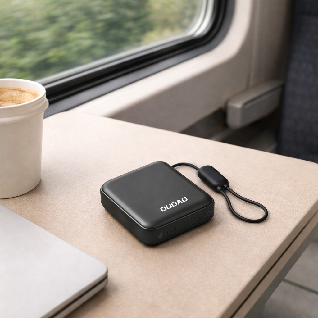 Na stole w pociągu leży szary powerbank z napisem \'DUDAO\' oraz czarną zawieszką. Obok znajduje się filiżanka z kawą i fragment laptopa.