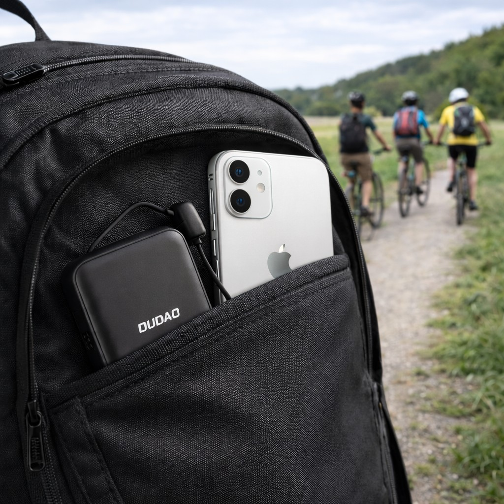 Czarny plecak z kieszenią, w której znajduje się powerbank z logo \'DUDAO\' oraz srebrny smartfon. W tle widoczni są rowerzyści na ścieżce w otoczeniu zieleni.
