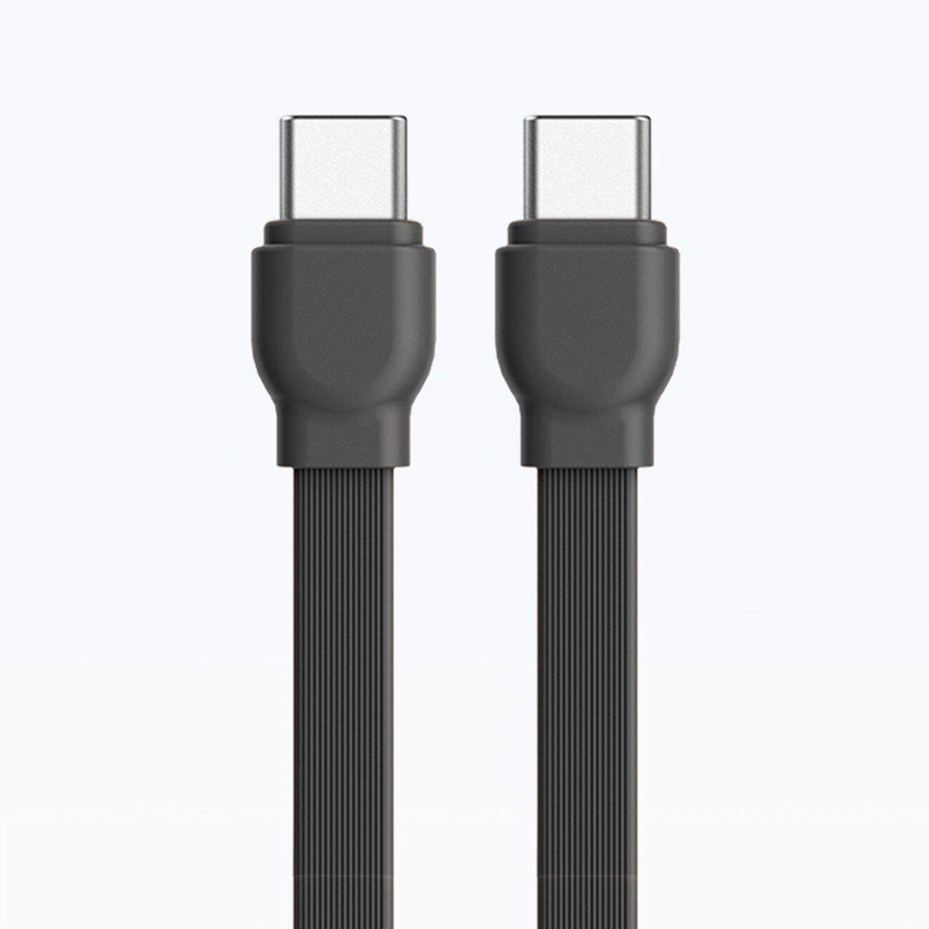 Obraz przedstawia dwa szare kable USB-C z płaskimi przewodami i gładkimi złączami.