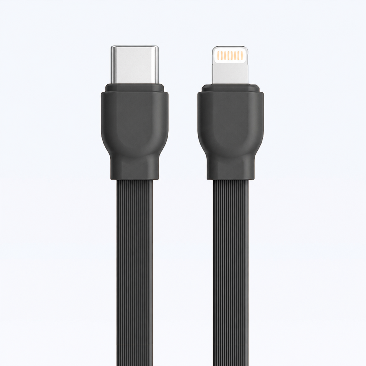 Obraz przedstawia dwa czarne kable z różnymi końcówkami: USB-C i Lightning. Kable mają żebrowaną strukturę na powierzchni.