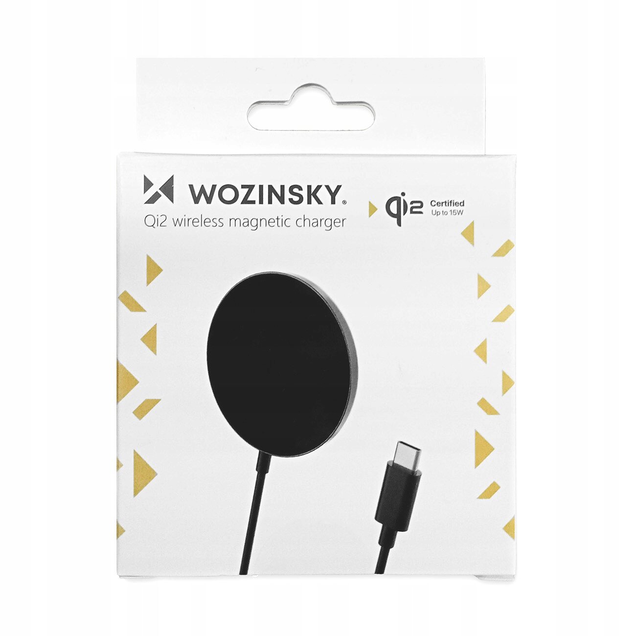 Opakowanie ładowarki indukcyjnej magnetycznej Wozinsky Qi2 z czarnym urządzeniem i kablem USB-C. Na opakowaniu widoczne są napisy: \'WOZINSKY\', \'Qi2 wireless magnetic charger\', \'qi2 Certified Up to 15W\'.